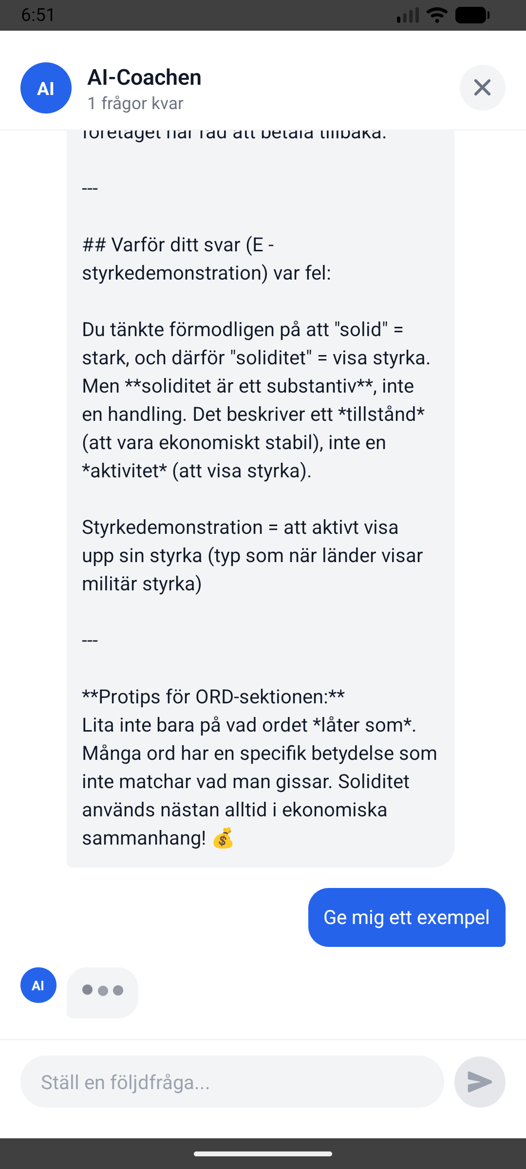 AI-förklaring av en fråga i Högskoleprovet AI Coach